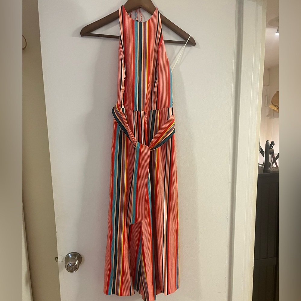 Alice + Olivia Lucie Multicolored Striped Cropped Wide Leg Halter Jumpsuit Sz 0